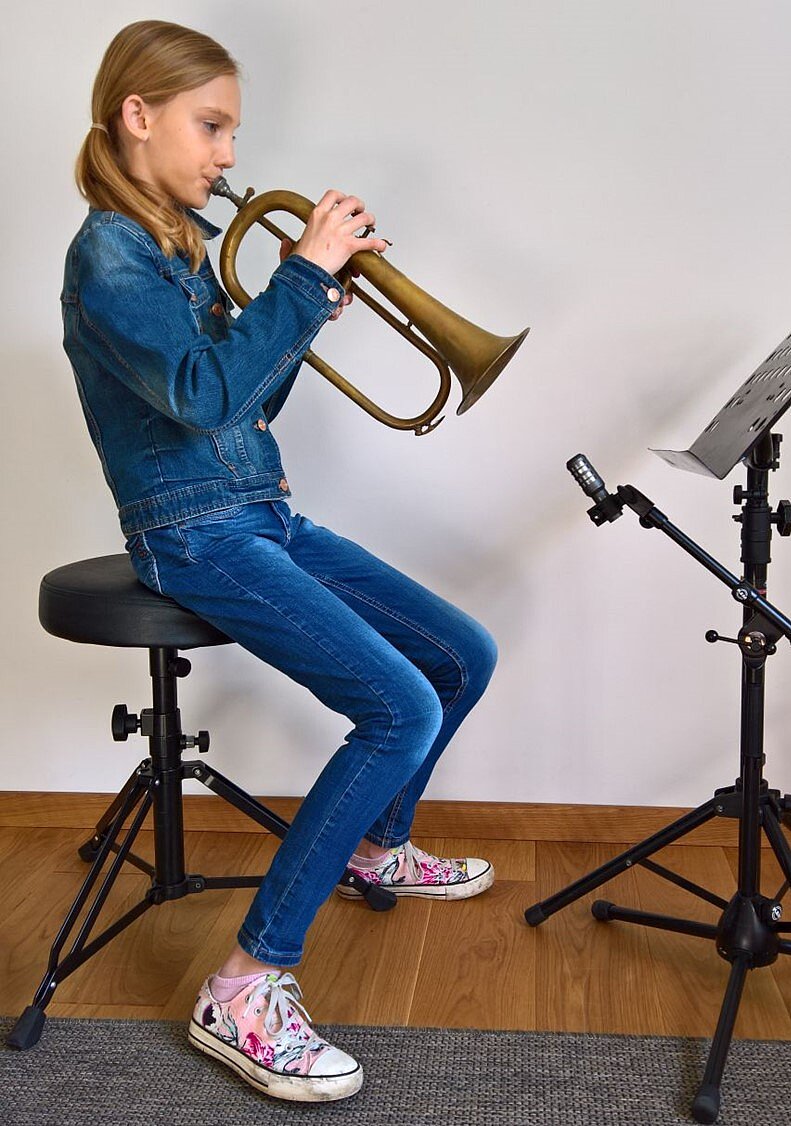 Dynamisches Mikrofon mit Nierencharakteristik (Audio-Technica AE 2300) am Notenpult. Dynamisches Mikrofon mit Nierencharakteristik (Audio-Technica AE 2300) am Notenpult.